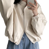 RAROVE-Solid Big Pocket Drawstring Collar Neck Leather Jacket
