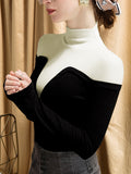 Rarove-Vintage Contrast Color High-Neck Long Sleeves Pullover