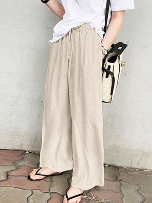 Rarove-High Waisted Loose Drawstring Pockets Solid Color Pants Trousers