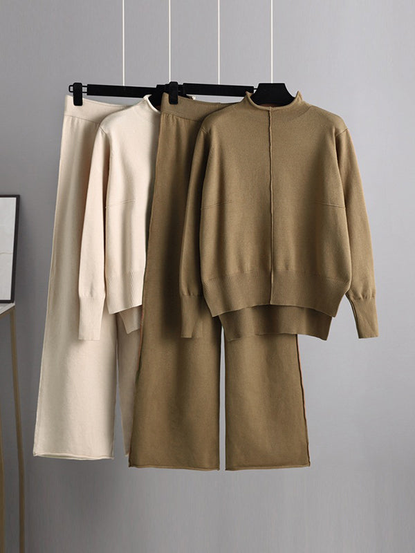 Rarove-Stylish High-Low Long Sleeves Split-Side Solid Half Turtleneck Sweater Tops & Wide Leg Pants Two Pieces Set