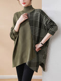 Rarove-Casual Loose 3 Colors Split-Joint Plaid High-Neck Batwing Long Sleeves Sweater Top