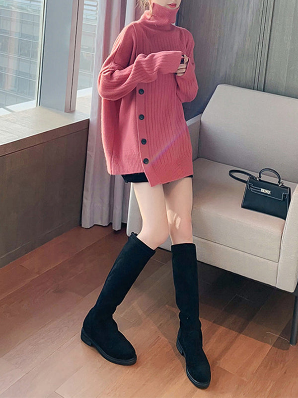 Rarove-High-Low Long Sleeves Asymmetric Buttoned High-Neck Knitwear Pullovers Sweater Tops
