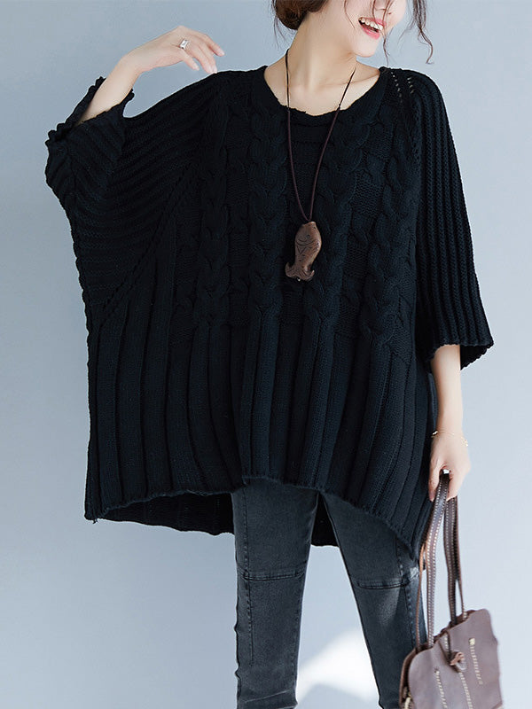 Rarove-Vintage Loose Solid Color Round-Neck Batwing Half Sleeves Knitting Sweater