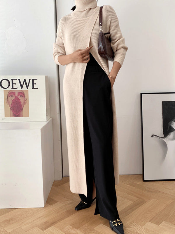 Rarove-Original Loose Solid Color Split-Front Sweater Dress