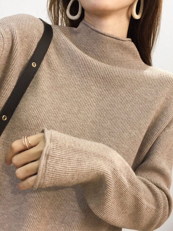 Rarove-Casual Loose Long Sleeves Solid Color Half Turtleneck Sweater Tops