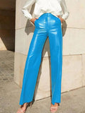 Rarove-Skinny Leg Straight Leg High-Waisted Solid Color Split-Joint PU Pants Trousers