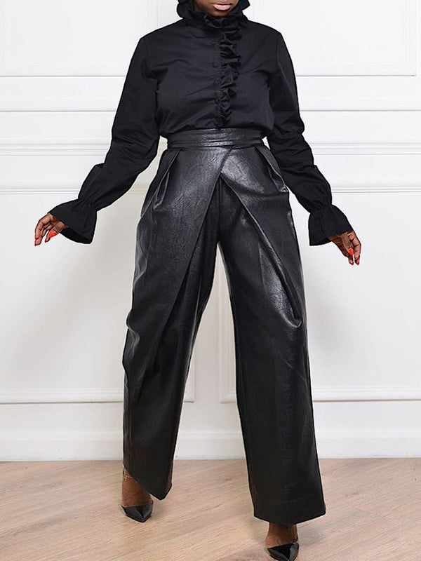 Rarove-High Waisted Asymmetric Solid Color Pants Trousers