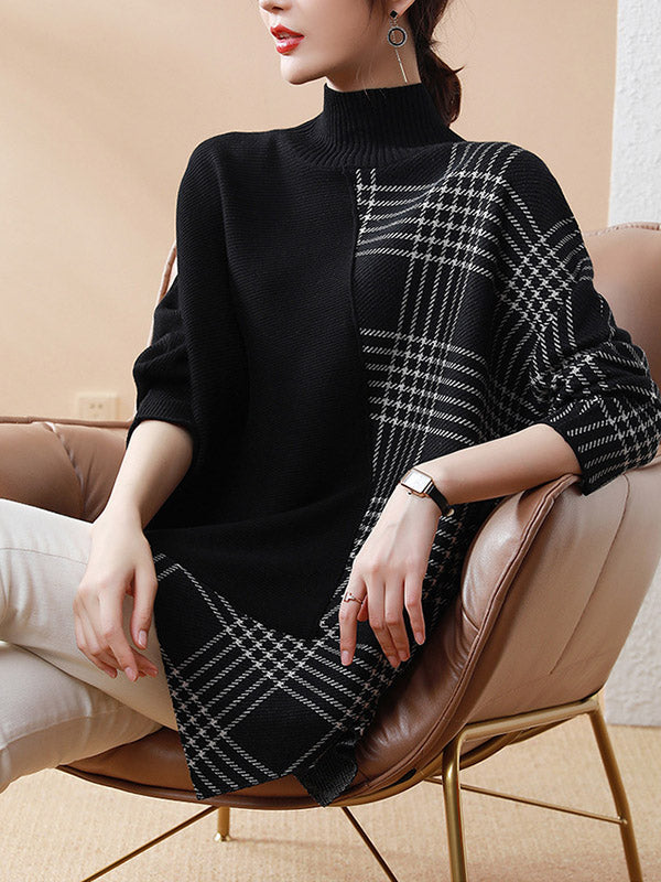 Rarove-Casual Loose 3 Colors Split-Joint Plaid High-Neck Batwing Long Sleeves Sweater Top