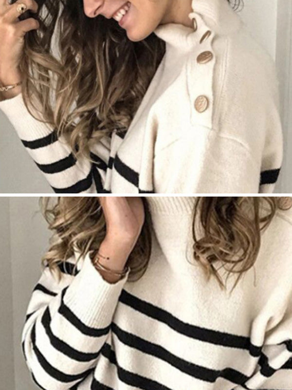 Rarove-Original Loose Striped Buttoned High-Neck Long Sleeves Sweater Top