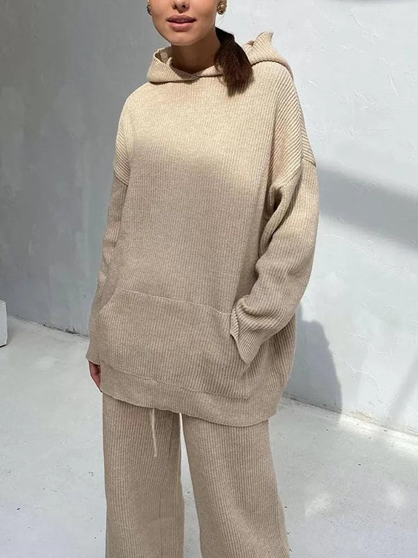 Rarove-Solid Color Loose Round-Neck Hooded Long Sleeves Sweater Top + Drawstring Pants Bottom Two Pieces Set