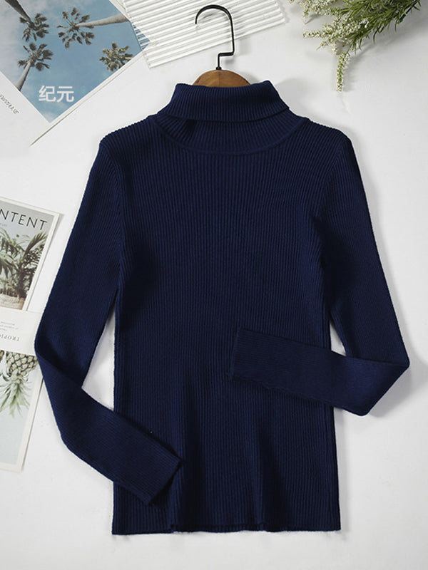 Rarove-Simple Skinny Solid Color High-Neck Sweater Tops