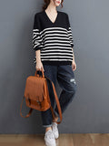 Rarove-Artistic Retro Casual Loose Striped V-Neck Long Sleeves Knitted Sweater