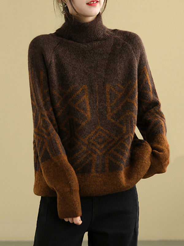 Rarove-Original Print High-Neck Knitting Sweater
