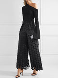 Rarove-High Waisted Wide Leg Hollow Polka Dot Solid Color Pants Trousers