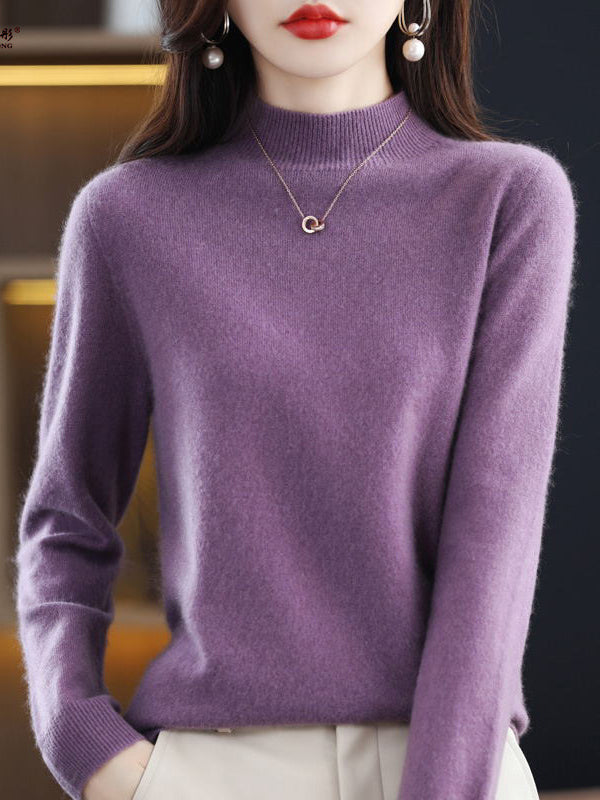 Rarove-Office Long Sleeves Solid Color High-Neck Sweater Tops Pullovers