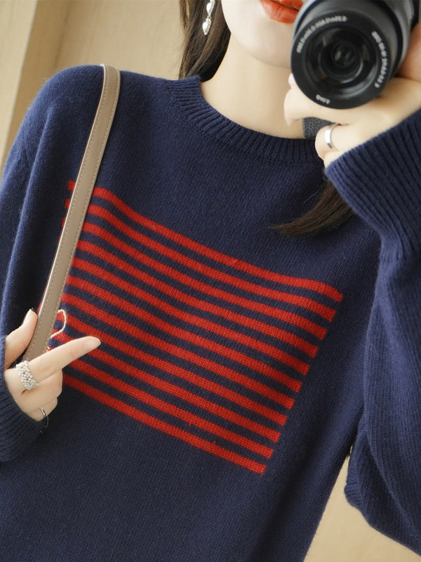 Rarove-Casual Loose Long Sleeves Striped Round-Neck Sweater Tops