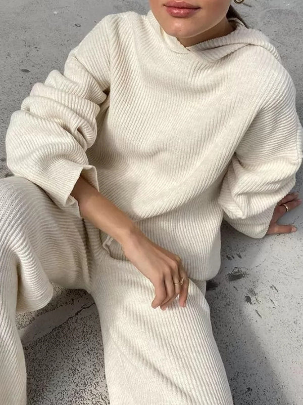 Rarove-Solid Color Loose Round-Neck Hooded Long Sleeves Sweater Top + Drawstring Pants Bottom Two Pieces Set