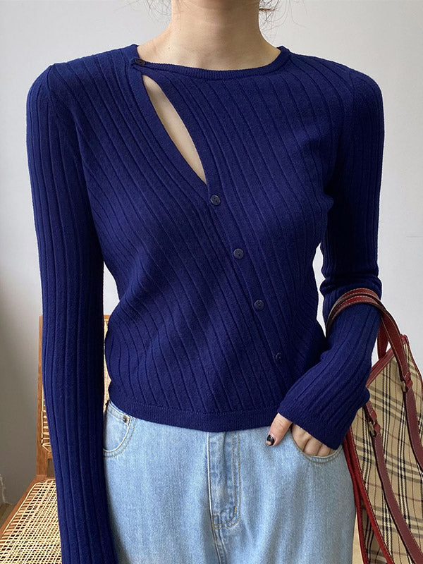 Rarove-Fashion Asymmetric Solid Color Round-Neck Sweater Top