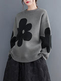 Rarove-Casual Long Sleeves Loose Contrast Color Jacquard Round-Neck Pullovers