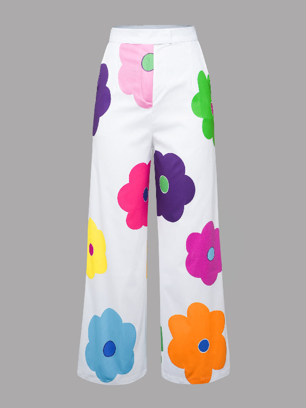 Rarove-High Waisted Wide Leg Floral Printed Multi-Colored Casual Pants Bottoms Trousers