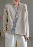 Rarove-Art Beige V Neck Embroidered asymmetrical design Patchwork Fall Knit sweaters