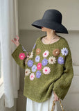 Rarove-Beautiful Green Embroidered Floral Knit sweaters Winter