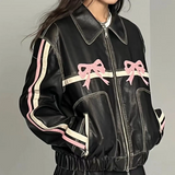 RAROVE-Bow Embroidery Piping Details Leather Jacket