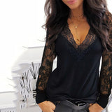RAROVE, Valentine's Day gift Casual V-neck Lace Long Sleeve T-shirt for Women Spring Winter Clothes Y2K Sexy Solid Color Black Tee Shirt Office Lady Top
