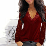 RAROVE, Valentine's Day gift Casual V-neck Lace Long Sleeve T-shirt for Women Spring Winter Clothes Y2K Sexy Solid Color Black Tee Shirt Office Lady Top