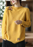 Rarove-Casual Yellow Embroidered Floral Knit Sweater Winter