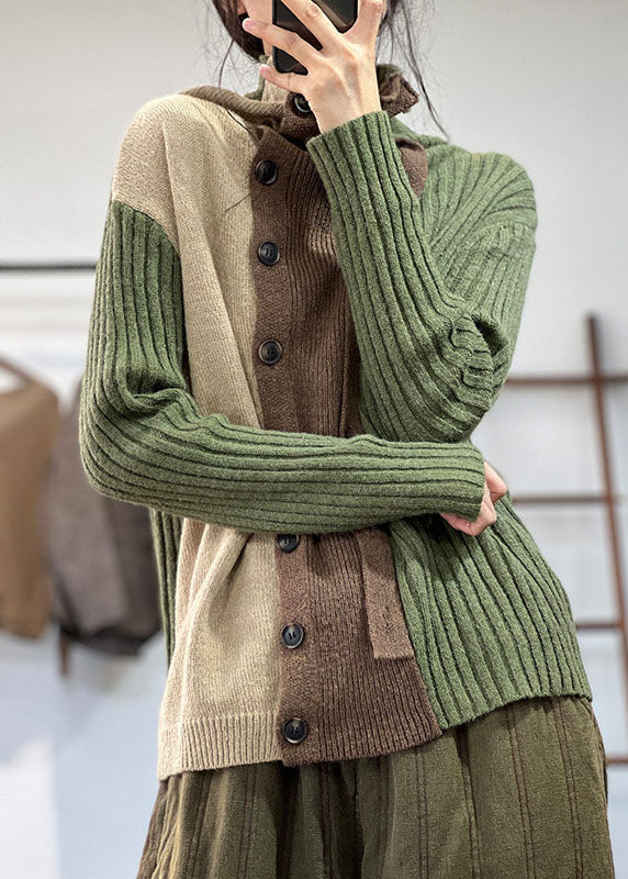 Rarove-Green Patchwork Knit Sweaters Turtle Neck Winter