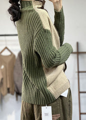 Rarove-Green Patchwork Knit Sweaters Turtle Neck Winter