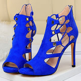 Rarove 2022 Summer Designer Women 10.5 Fetish High Heels Sexy Prom Sandals Roman Suede Rivets Mesh Sandals Yellow Blue Heels Lady Shoes