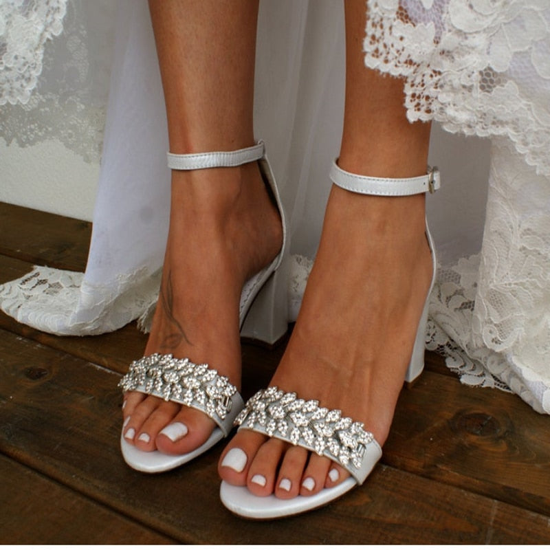 Lady's Summer Sandals Chunky Thick Heels White Ivory Shoes with Light Gold Crystal Trim Ankle Strap Wedding Party Prom Club