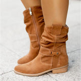 Rarove Winter Warm Women Boots Vintage Suede Shoes Lady Buckle Mid-Calf Boot Thick Low Heel Zipper Female Pointed Booties Outdoor