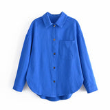Rarove Women's Blouse Autumn Fashion Cotton Shirt Long Sleeve Blue Shirt Ladies Vintage Casual Loose Pocket Top Women