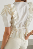 Rarove Women Tiered Ruffles Crop Top Blouse 2023 Summer Loose Beige Sweet Slim Short Shirt Drawstring Peplum Top