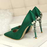 2023 Metal Carving 10cm High Heels Shoes Woman Pointed Toe Silk Pumps Formal Wedding Satin Scarpin Lady Green Yellow Blue Shoes