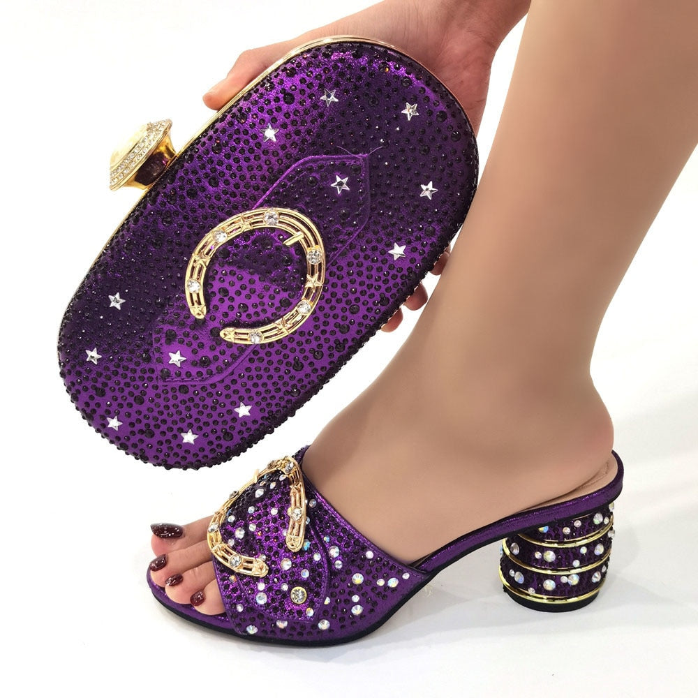 African  Italian Design Lastest Decorated With Colorful Rhinestone and Metal Wedding Shoes and Bag Set in Purple Color