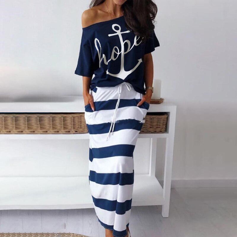 Women Off Shoulder Blouses T-shirt & Striped Maxi Dress Summer Slim Slash Neck 2 Pieces Sets Female Casual Ankle-Length Dress