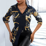Rarove Women Fashion Shirt Lady Long Sleeve Blouse Turn-Down Collarbutton Design Chain Print Casual Shirts