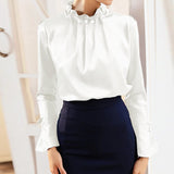 Women Satin Blouses Elegant Long Sleeve Silk Tops 2022 Pearl Stand Collar Female Office Shirts Solid Casual Party Blouse