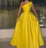 RAROVE-Graduation Prom Vintage One Shoulder Satin Evening Dresses With Pockets Long Yellow Custom Made Party Prom Gown for Women