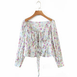 Rarove Palace Square Collar Women Tops And Blouses Sexy Summer Hollow Out Beach Boho Front Bandage Vintage Floral Print Shirt