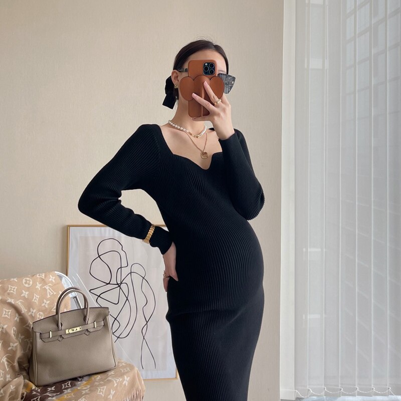 Rarove Thanksgiving Autumn Sexy Hot Knitted Maternity Pencil Dress V Neck Charming A Line Slim Clothes For Pregnant Women Chic Ins Pregnancy