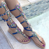 Rarove Roman Rhinestone New Women Summer New Jelly Sandals Bling Knee High Sandals Ladies Outdoor Beach Sandals Flat Shoes