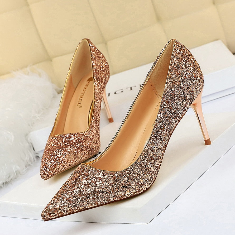 Rarove 2022 Women 7Cm 9.5Cm High Heels Sequins Glitter Pumps Plus Size 43 Wedding Bride Gold White Red Silver Valentine Scarpins Shoes