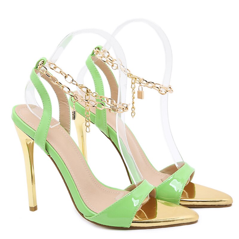 2022 Summer Women Fetish 12.5cm High Heels Metal Chain Strap Sandals Lady Gladiator Stiletto Heels Sandles Stripper Green Shoes
