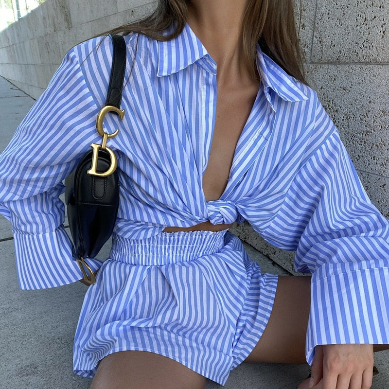Rarove summer dresses for women 2023 Fashion Casual Striped Blouse Shirts And Shorts Matching Set Loose Shirt Sleeve Top Outfits Summer Women Set