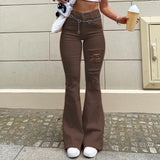High street cotton pocket skinny hollow out bell-bottom pants women Y2K high waist solid ripped pant Female flare pants